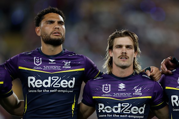 Xavier Coates and Ryan Papenhuyzen at the 2025 NRL grand final against the Brisbane Broncos. 