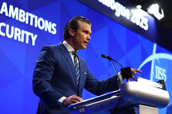 US Defence Secretary Pete Hegseth addresses the Shangri-La Dialogue in Singapore on Saturday.