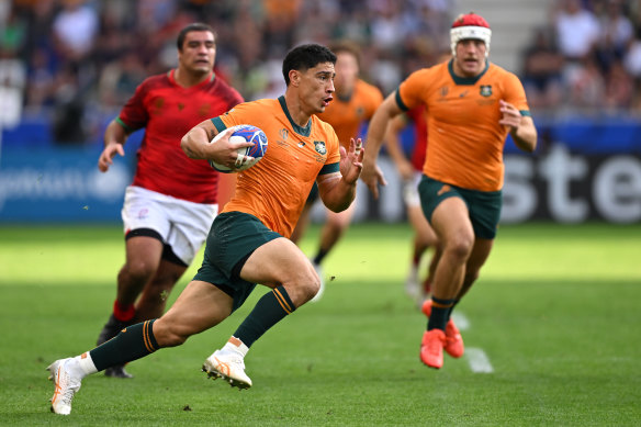 Lalakai Foketi in action for the Wallabies against Portugal at the Rugby World Cup.