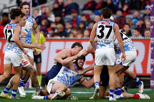 An incident involving Kangaroos ruckman Tristan Xerri (centre) will come under heavy scrutiny.