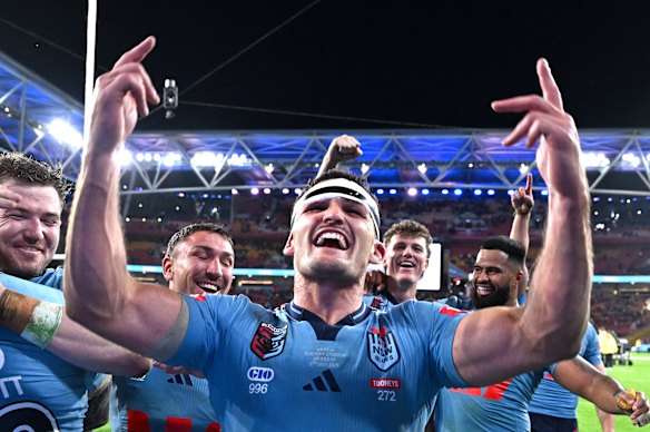 Blues’ Nathan Cleary celebrates victory after game three of State of Origin.
