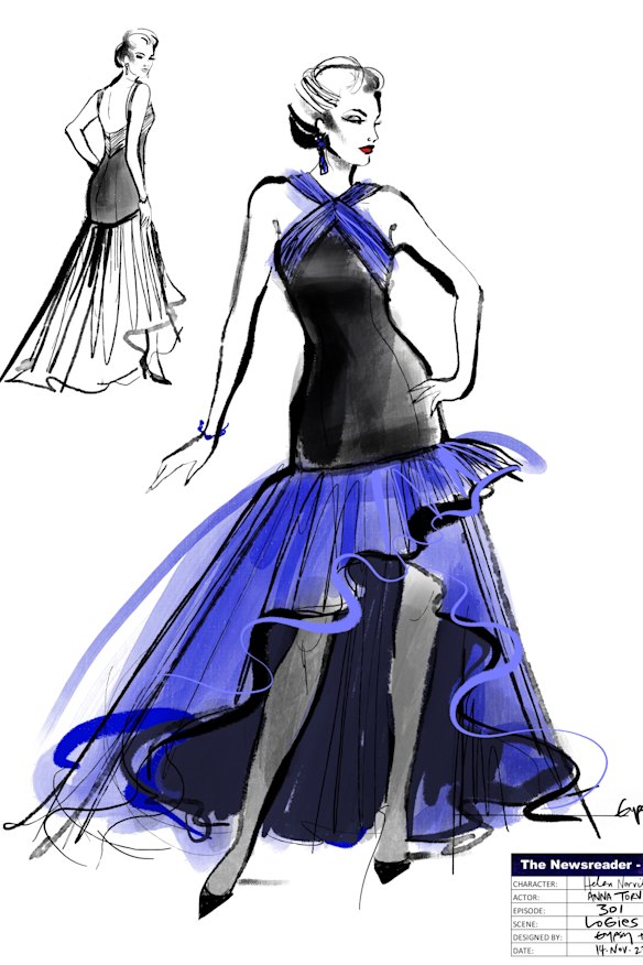 Gypsy Taylor’s dress design for Anna Torv’s character in The Newsreader (below).