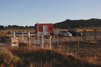 The entrance to a film set where police say actor Alec Baldwin fired a prop gun, killing a cinematographer, is seen outside Santa Fe, New Mexico.