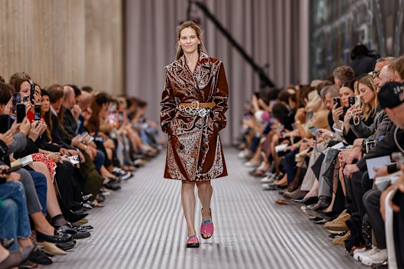 Boom Boom emphasises 1980s excess: Hilary Swank wears a Miu Miu outfit at the Paris fashion show for spring/summer 2025.