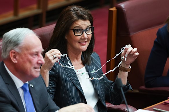Senator Jane Hume with a necklace made from Minties wrappers during question time last week.