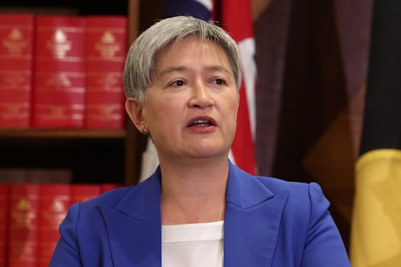 Penny Wong speaks on Thursday after Trump announced tariffs on Australia.