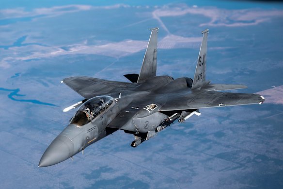 A US F15-E Strike Eagle, pictured in January 2026 over North Carolina.