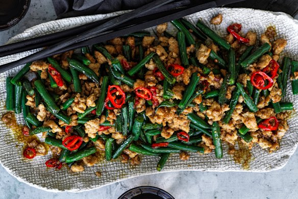 Wok-fried pork mince and green beans.