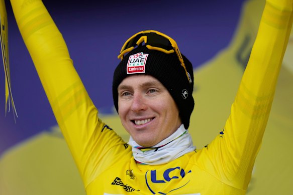 Slovenia’s Tadej Pogacar in the mysterious ‘maillot jaune’ after the 20th stage of the Tour de France on Saturday. 