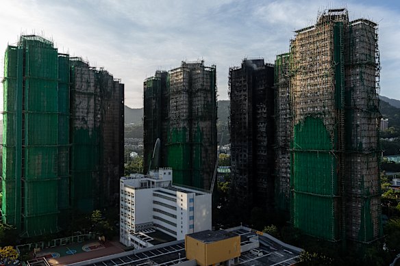 A view of the aftermath of the fire at Wang Fuk Court.