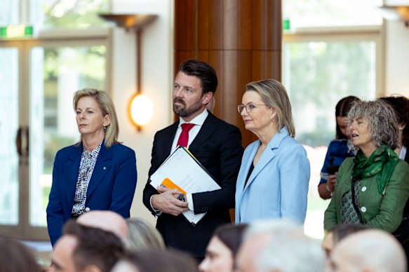 Opposition Leader Sussan Ley (second right) with her environment spokeswoman, Angie Bell (left), and home affairs spokesman, Jonno Duniam.