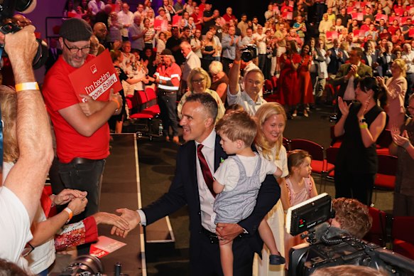 Peter Malinauskas with his family and supporters at Labor’s official campaign launch last month.