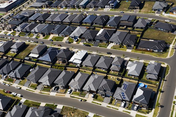  An aerial view of the sprawling new housing estates of Oran Park in Sydney’s west.