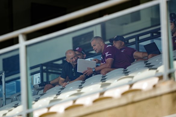 Eddie Jones joined Manly coach Anthony Seibold at Friday’s scrimmage against St George Illawarra