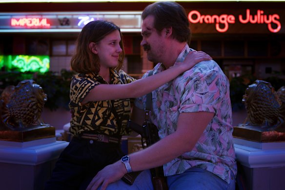 In the show, Brown plays Eleven, a young girl with telekinetic and extrasensory powers. Harbour’s character, ex-police chief Jim Hopper, adopts Eleven and becomes the father she never had.