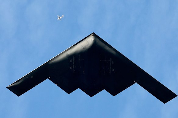 A Northrop Grumman B-2 Stealth Bomber flying over Pasadena.