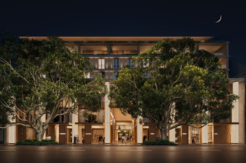 A render image of 33 Cross Street. The Intercontinental Double Bay is set to be replaced with an expansive village precinct containing wellness centres and boutiques.