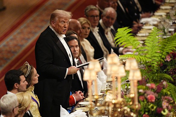 US President Donald Trump addresses the state banquet.