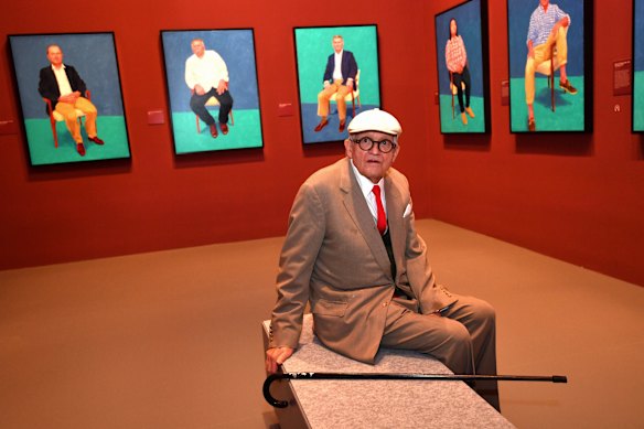 The late David Hockney, pictured in 2016 at his solo exhibition at NGV, which featured hundreds of works from his career.