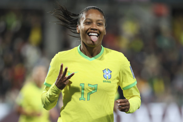Brazil’s Ary Borges celebrates after completing her hat-trick in Adelaide.