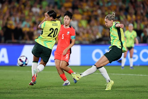 Alanna Kennedy scores Australia’s third goal against South Korea.