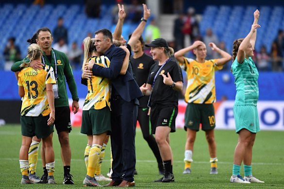  Ante Milicic celebrates with his Matildas after their epic 2019 World Cup comeback win against Brazil.