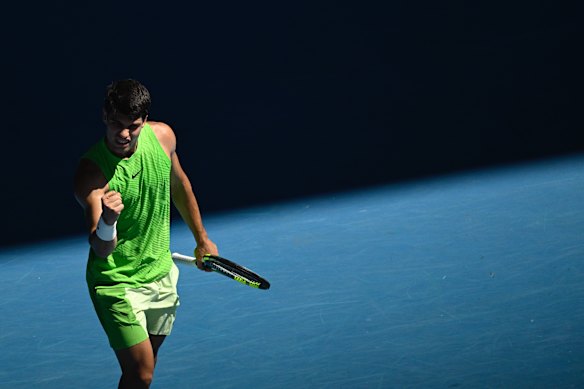 Carlos Alcaraz wins the first set against Alexander Zverev during their semi-final at the Australian Open.
