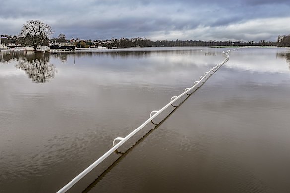 Flood water covers Worcester Racecourse in Worcester, England. There has been flooding across Worcestershire and Herefordshire in recent days due to heavy rainfall.