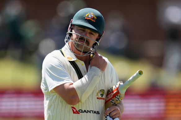 Travis Head walks off after making a ton in the second Test against South Africa.