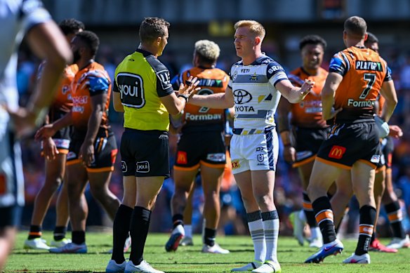 Cowboys captain Tom Dearden had a frustrating day with officials in North Queensland’s round two loss to the Tigers at Leichhardt Oval last Saturday.