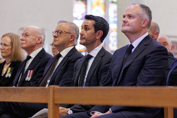 Prime Minister Anthony Albanese, Queensland Premier David Crisafulli (second right) and Deputy Opposition Leader Ted O’Brien (far right) at Ron Boswell’s state funeral  in Brisbane.