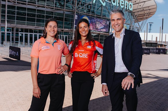 Sydney will host the Super League netball grand final next year, much to the delight of Amy Sligar from the Sydney Sirens, Grace Whyte from the Swifts and Netball Australia boss Mark Falvo. 