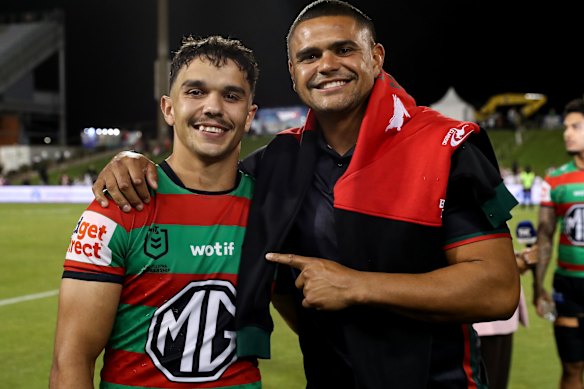 Souths centre Latrell Siegwalt with namesake Latrell Mitchell on Saturday night.