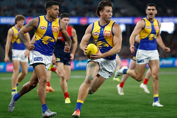 business The Eagles’ Campbell Chesser runs with the ball during the side’s 83-point loss to Melbourne in August.