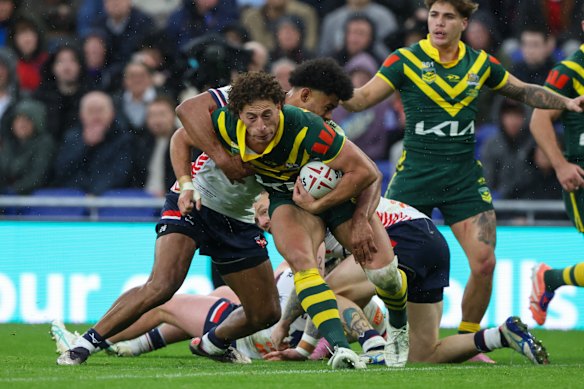 Mark Nawaqanitawase playing for the Kangaroos against England last November.