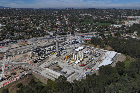An aerial view of construction for the North East Link at the land once owned by the Greek Orthodox Community.