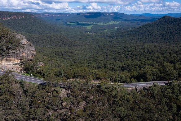 Views of the section of the Great Western Highway which is closed at Victoria Pass while geotechnical engineers work to determine the cause of the damage.  