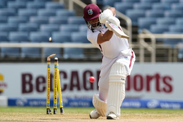 West Indies’ Brandon King is bowled by Australia’s Mitchell Starc on the third and final day of the Test in Jamaica.