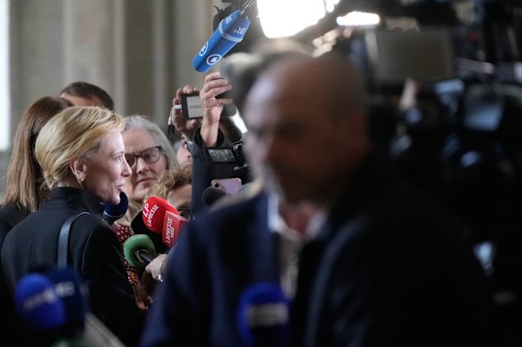 Cate Blanchett is interviewed by journalists after meeting the Pope.