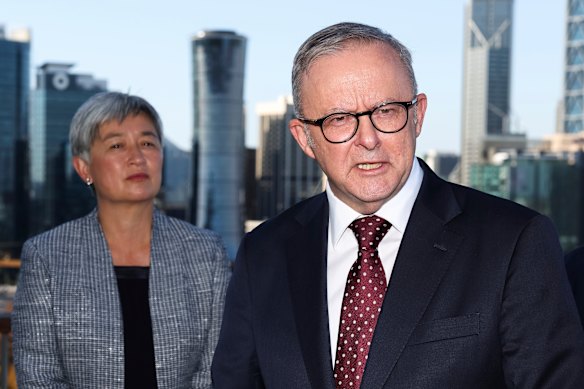 Prime Minister Anthony Albanese and Foreign Affairs Minister Penny Wong during a fleeting visit to Perth on Wednesday afternoon.