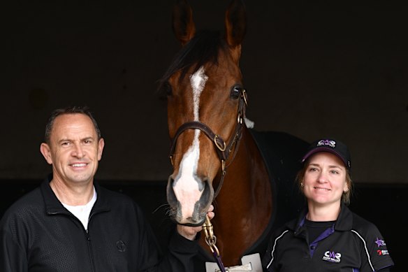 Trainer Chris Waller and Candice Persijn pose with Via Sistina at the Flemington Stables Tour in September.