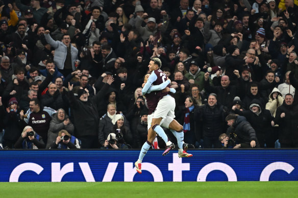 Morgan Rogers celebrates a goal for Aston Villa against Celtic.
