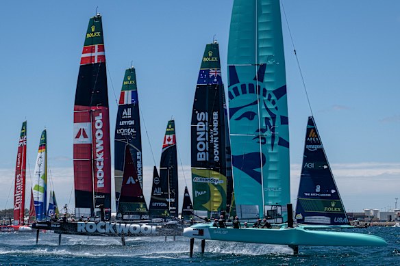 Competitors line up for the opening day of the SailGP in Perth.