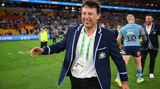 Laurie Daley celebrates the Origin series win in Brisbane.
