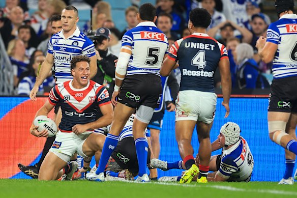 Mark Nawaqanitawase after scoring a contender for try of the season against the Bulldogs.