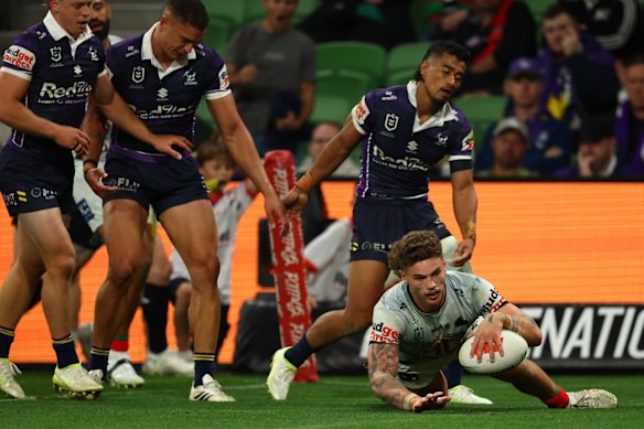 Tallis Duncan crossed for three tries against some woeful Storm defence.