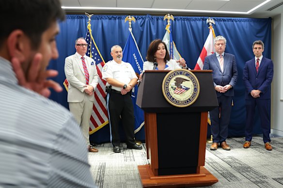Pirro speaks at a July 2 news conference announcing the indictment of David Hearn.