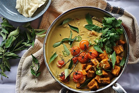 Turmeric roasted sweet potato, tomato and tamarind curry.