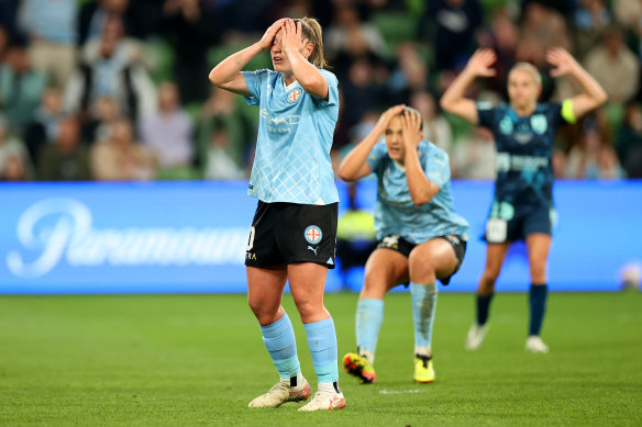 Melbourne City react to a missed opportunity in the grand final.