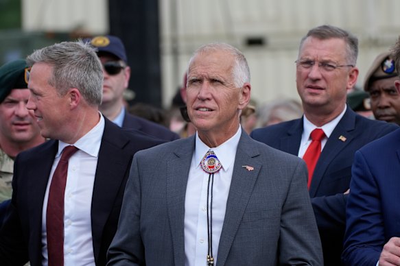 Senator Thom Tillis arrives at Fort Bragg earlier this month to hear President Donald Trump speak.